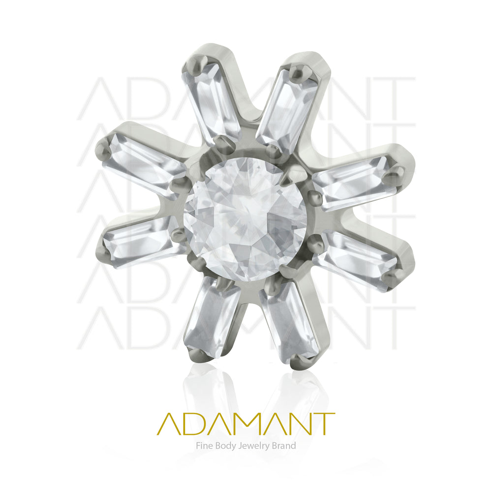18g-16g, Internally Threaded, Accessory, Titanium, 0.9mm threading, Sunflare, Prong set, Cubic Zirconia.