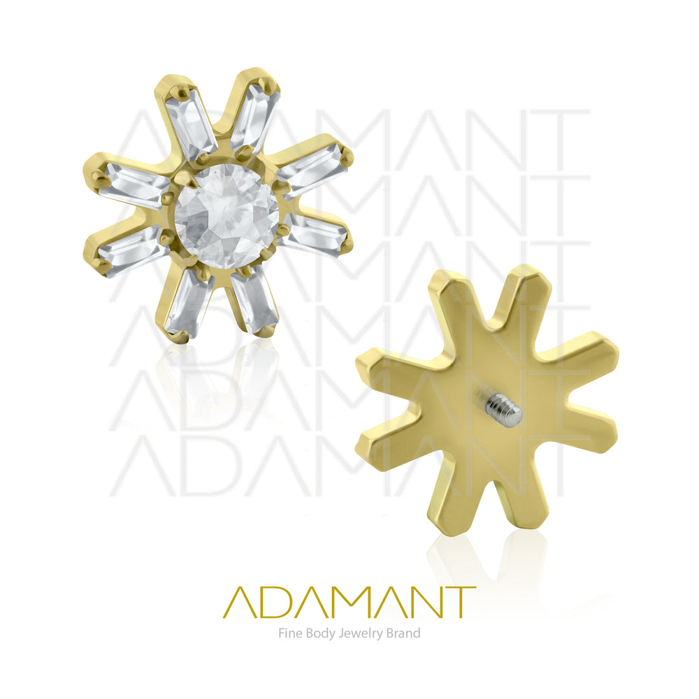 18g-16g, Internally Threaded, Accessory, Plated Gold Titanium, 0.9mm threading, Sunflare, Prong set, Cubic Zirconia