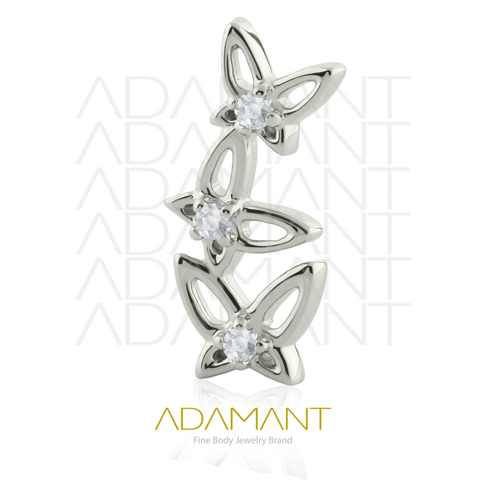 18g-16g, Internally Threaded, Accessory, Titanium, 0.9mm threading, Triple Butterfly Prong set, Cubic Zirconia.