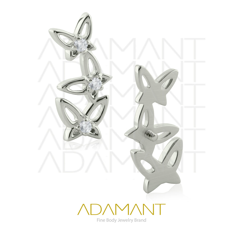 18g-16g, Internally Threaded, Accessory, Titanium, 0.9mm threading, Triple Butterfly Prong set, Cubic Zirconia.