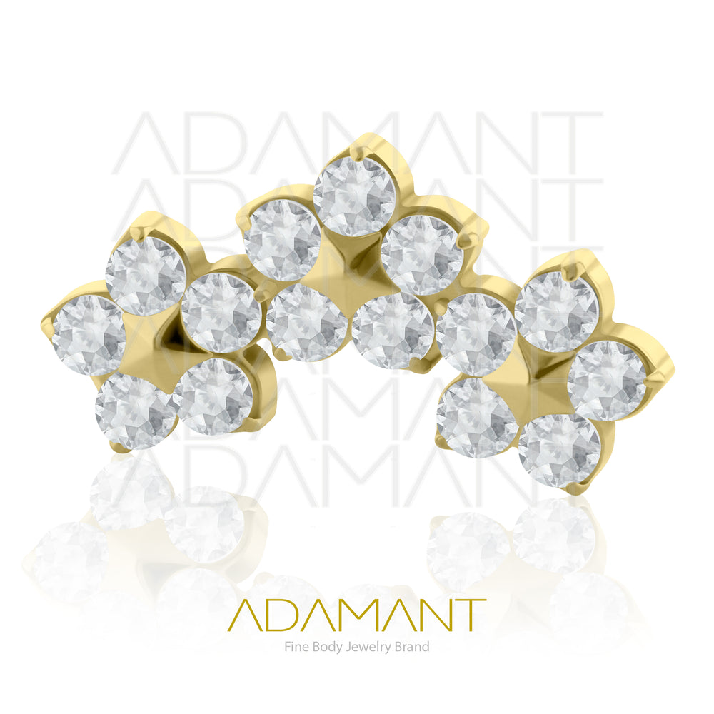 18g-16g, Internally Threaded, Accessory, Plated Gold Titanium, 0.9mm threading,Triple flower, Prong set, Cubic Zirconia.