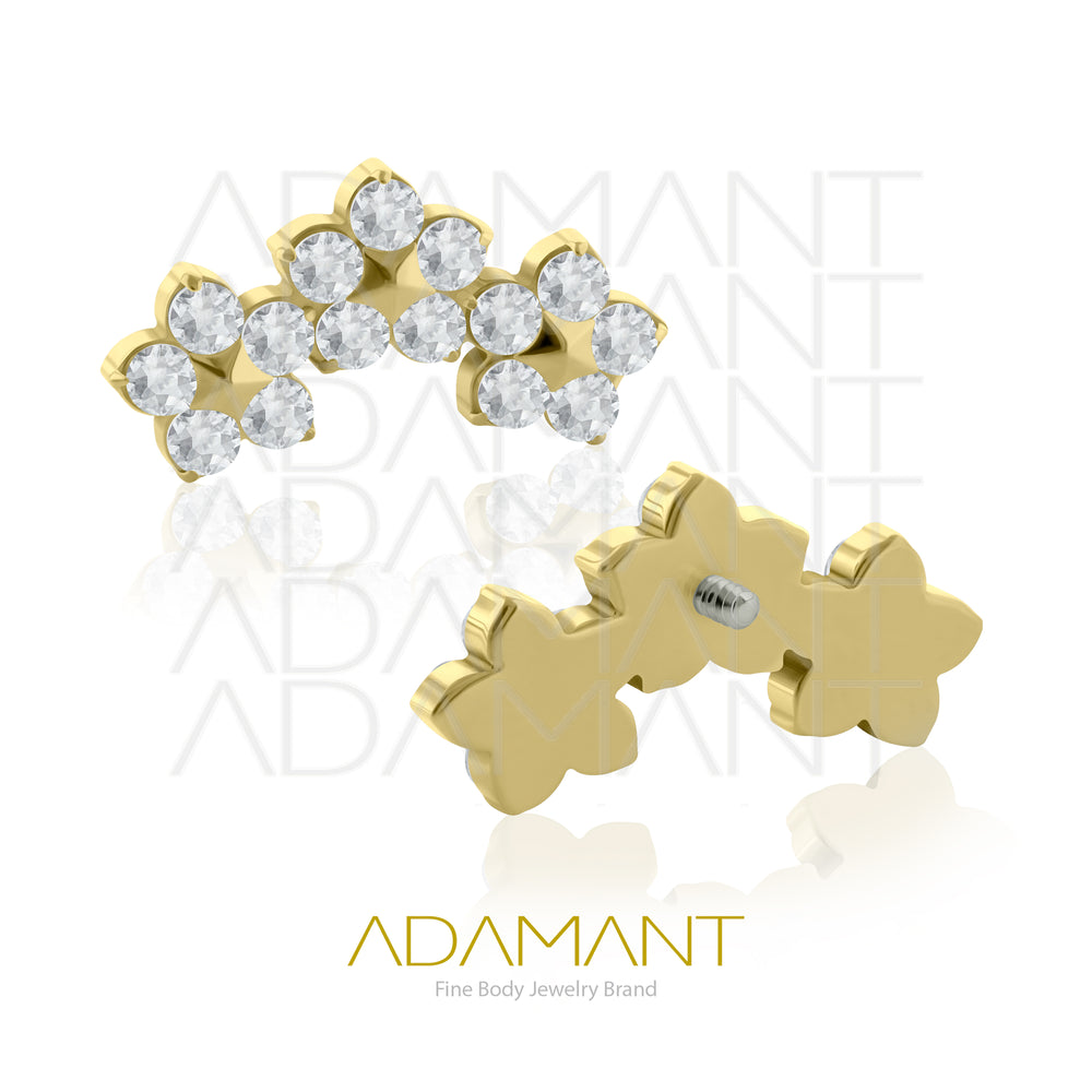18g-16g, Internally Threaded, Accessory, Plated Gold Titanium, 0.9mm threading,Triple flower, Prong set, Cubic Zirconia.