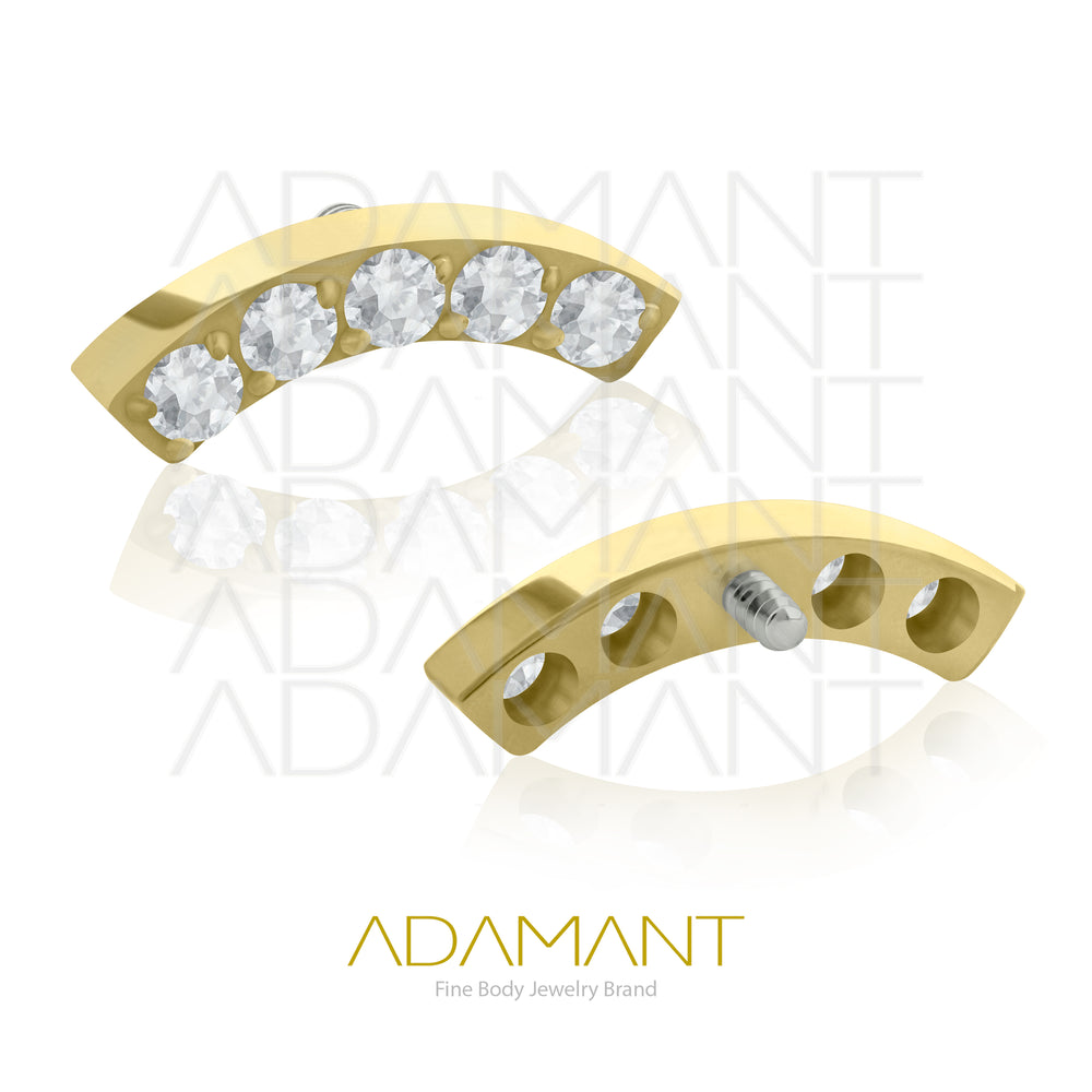 18g-16g, Internally Threaded, Accessory, Plated Gold Titanium, 0.9mm threading, Curved 5 crystals, Prong set, Cubic Zircon