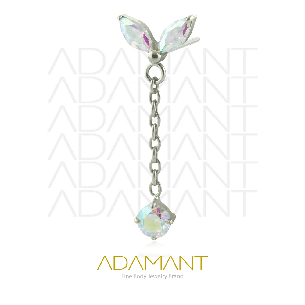 26g, Threadless End, Titanium, 4mm Pin Size, Double Navette with Chain,  Prong set, Cubic Zirconia.