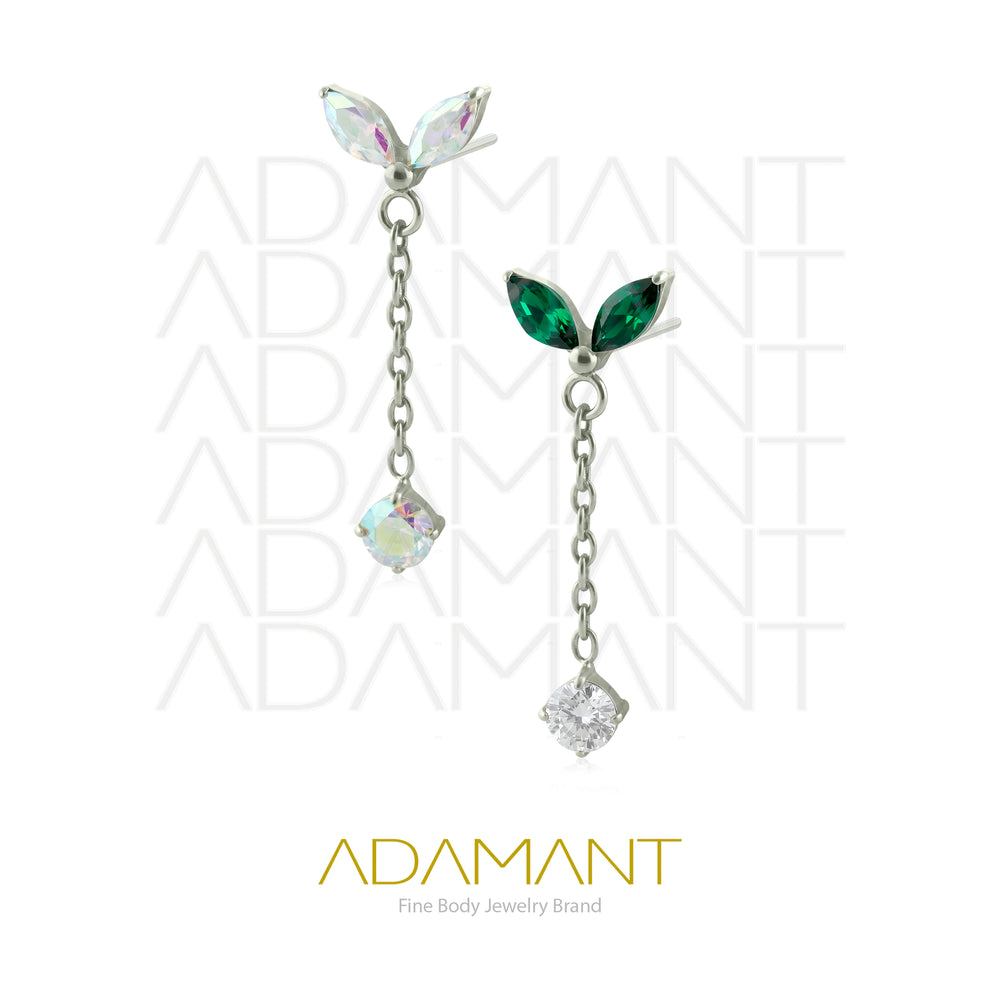 26g, Threadless End, Titanium, 4mm Pin Size, Double Navette with Chain,  Prong set, Cubic Zirconia.