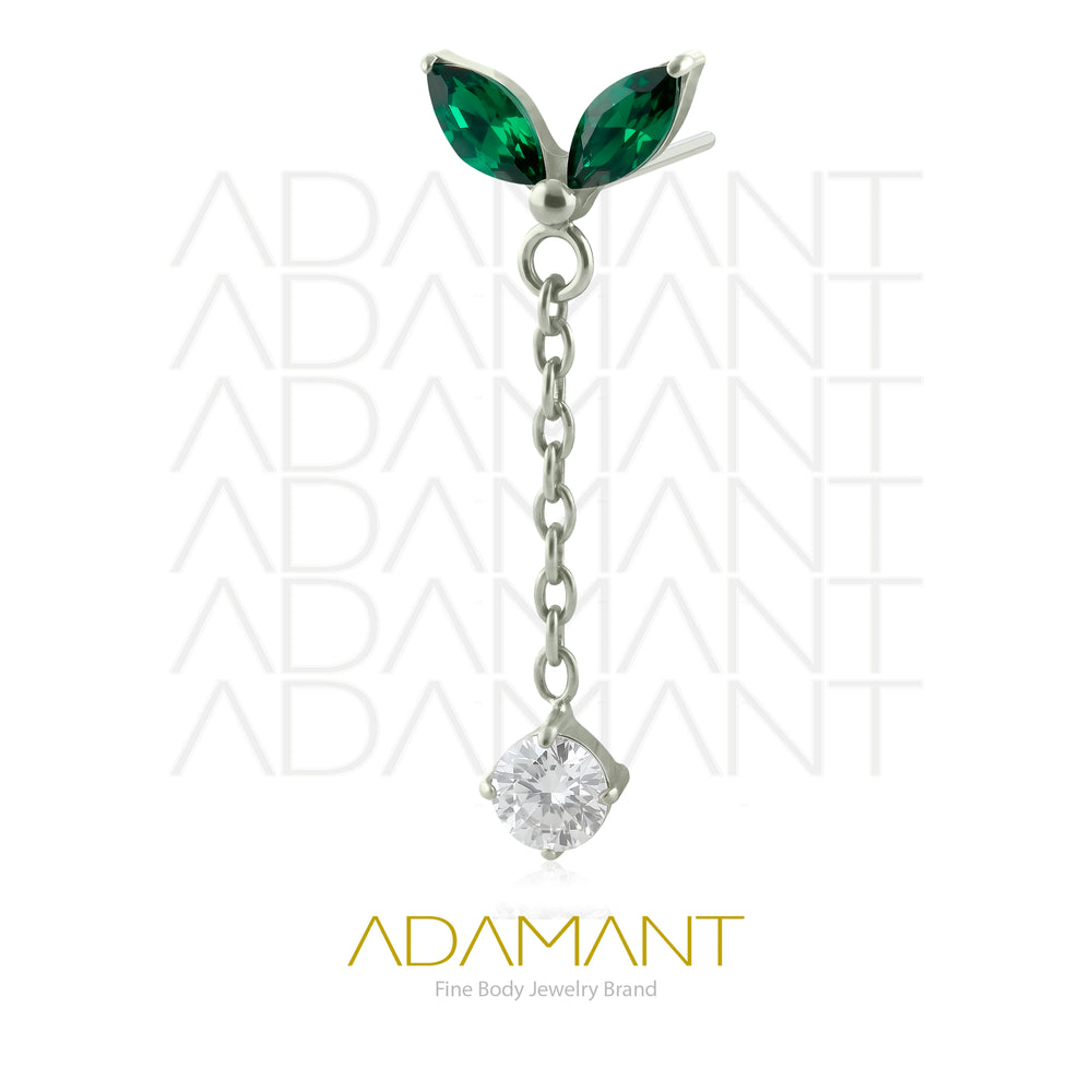 26g, Threadless End, Titanium, 4mm Pin Size, Double Navette with Chain,  Prong set, Cubic Zirconia.