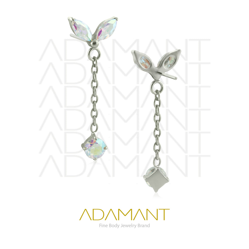 26g, Threadless End, Titanium, 4mm Pin Size, Double Navette with Chain,  Prong set, Cubic Zirconia.