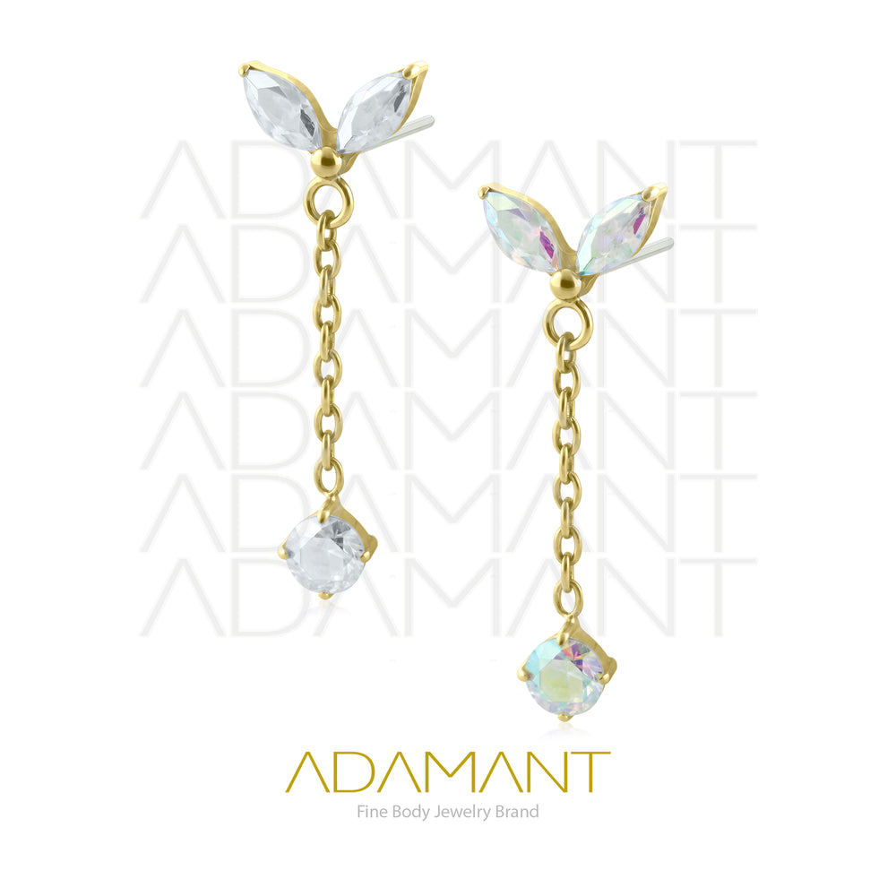 26g, Threadless End, Plated Gold Titanium, 4mm Pin Size, Double Navette with Chain,  Prong set, Cubic Zirconia.