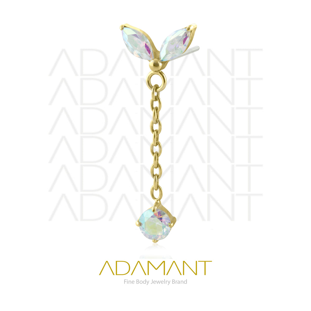 26g, Threadless End, Plated Gold Titanium, 4mm Pin Size, Double Navette with Chain,  Prong set, Cubic Zirconia.