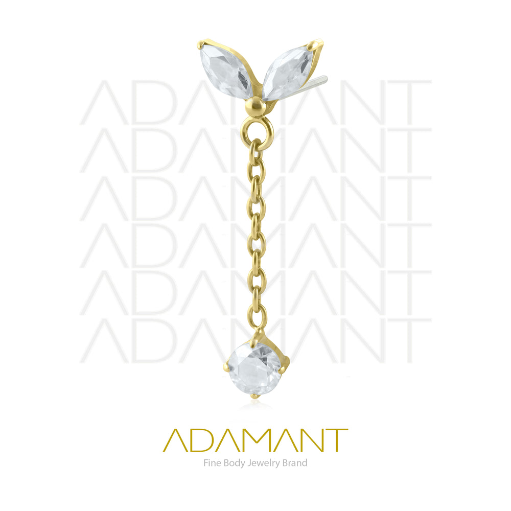 26g, Threadless End, Plated Gold Titanium, 4mm Pin Size, Double Navette with Chain,  Prong set, Cubic Zirconia.