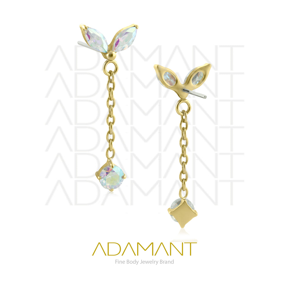 26g, Threadless End, Plated Gold Titanium, 4mm Pin Size, Double Navette with Chain,  Prong set, Cubic Zirconia.