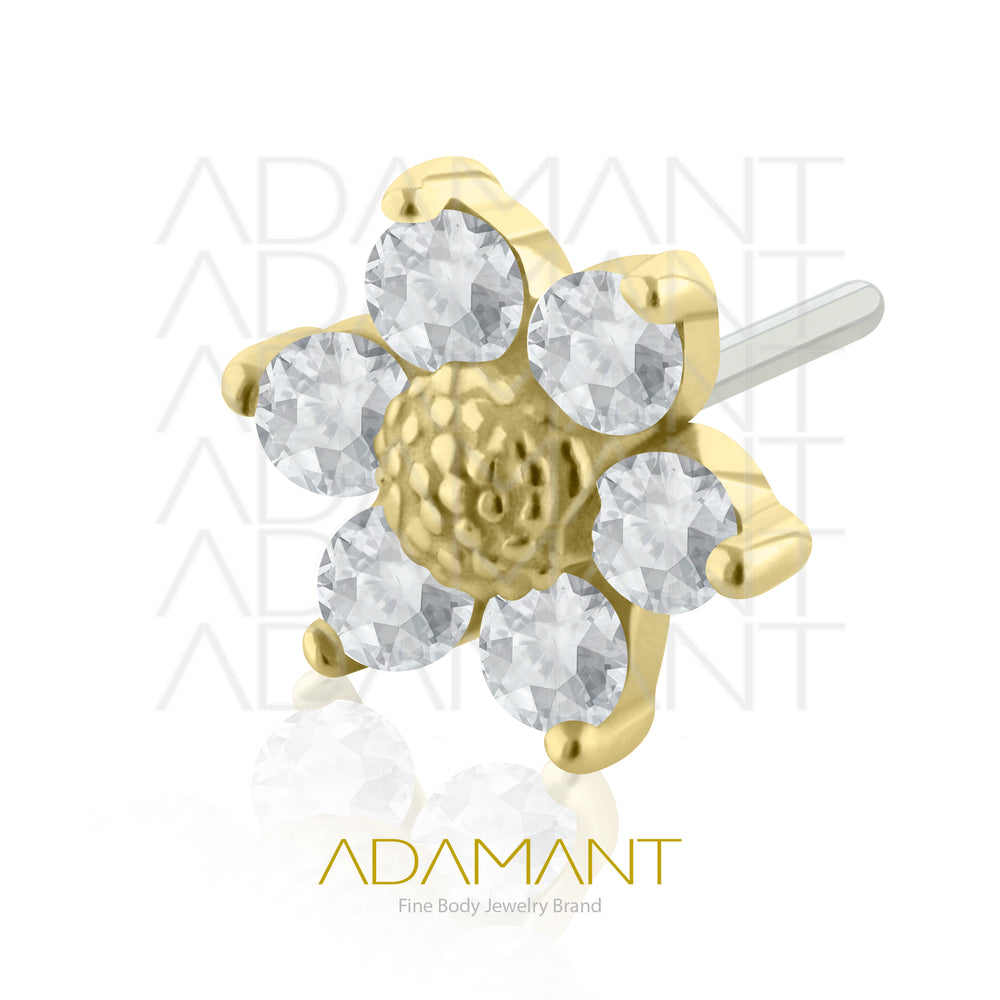 25g, Threadless, 14k Solid Gold Accessory, 4.8mm Pin Size, Flower Hammered with petals, Prong set, Cubic Zirconia.