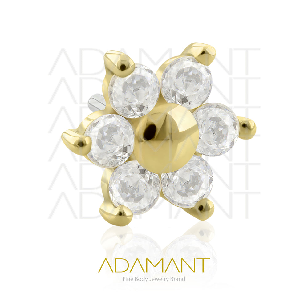 25g, Threadless, 14k Solid Gold Accessory, 4.8mm Pin Size, Flower with petals, Prong set, Cubic Zirconia.