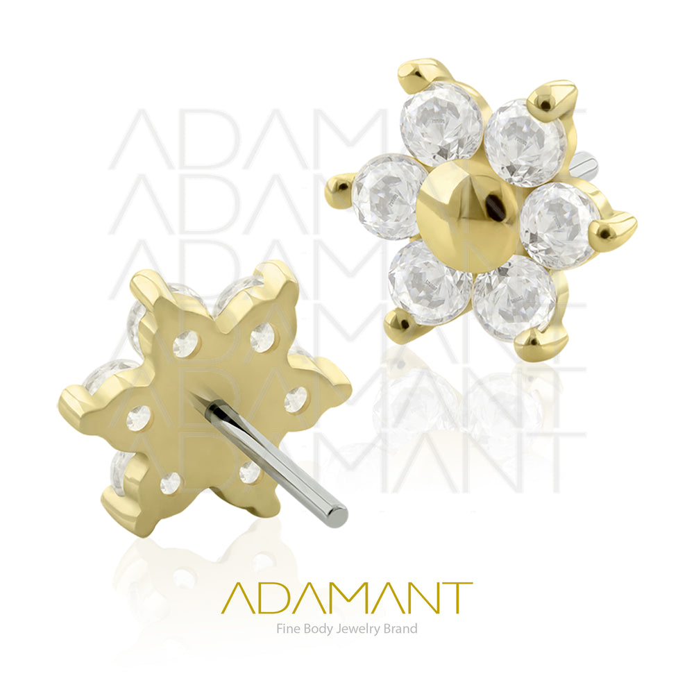 25g, Threadless, 14k Solid Gold Accessory, 4.8mm Pin Size, Flower with petals, Prong set, Cubic Zirconia.