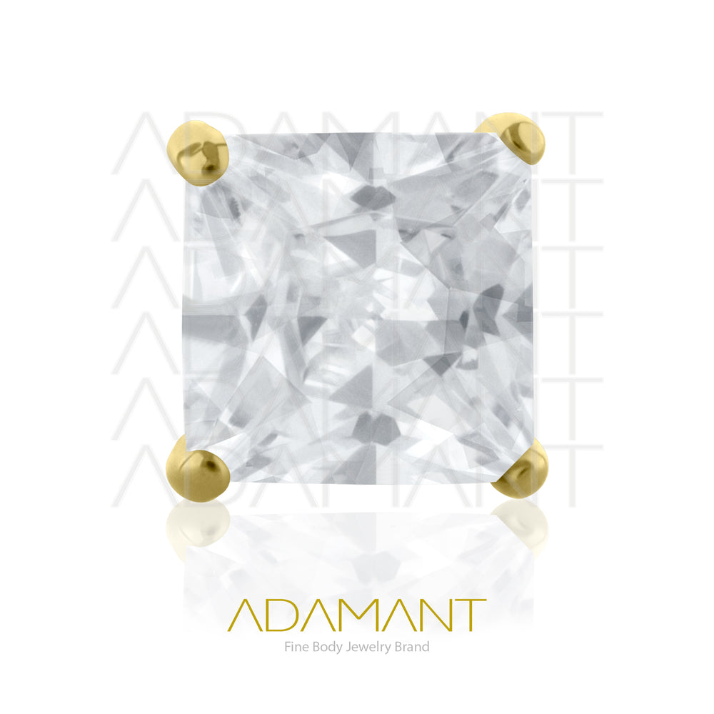 26g, Threadless End, Plated Gold Titanium, 4mm Pin Size, 4 Square, Prong set 4, Cubic Zirconia.