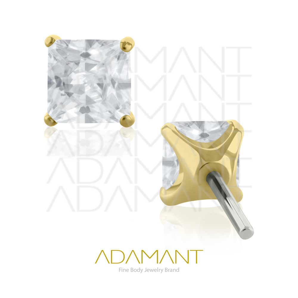 26g, Threadless End, Plated Gold Titanium, 4mm Pin Size, 4 Square, Prong set 4, Cubic Zirconia.