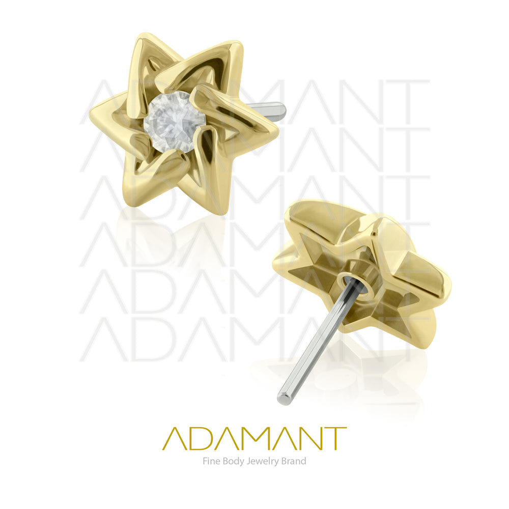 25g, Threadless, 14k Solid Gold Accessory, 4.8mm Pin Size, Hex Star, Prong set, Cubic Zirconia.