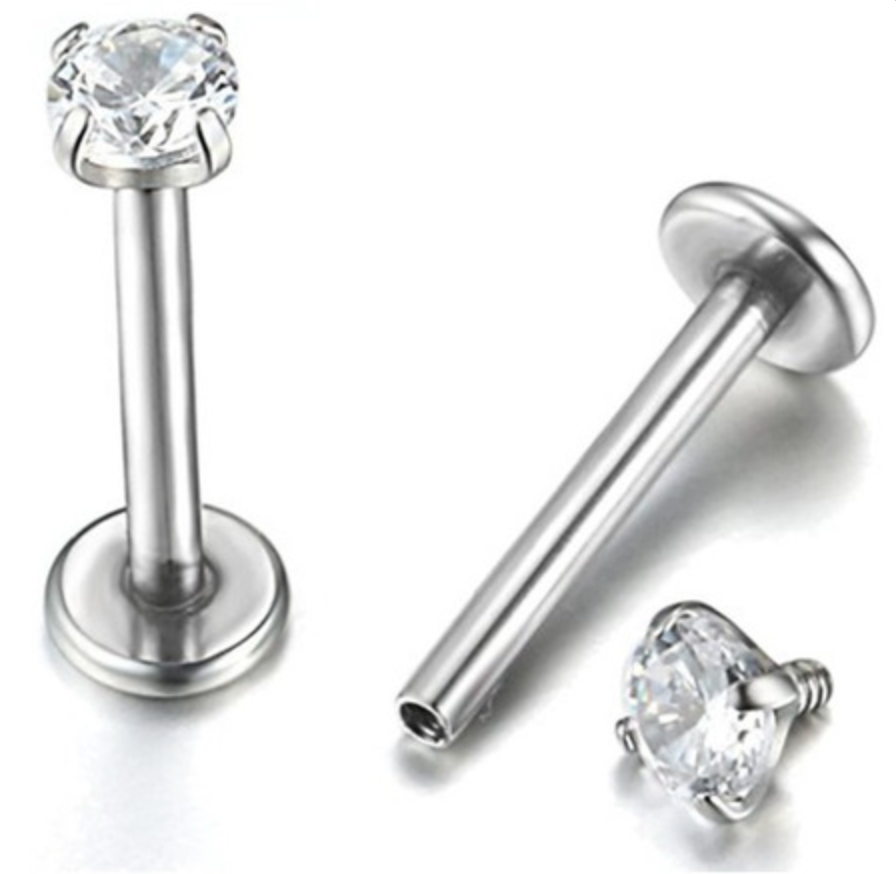 16g, Threaded, Surgical Stainless Steel, Labret with Prong Setting Accessory, Cubic Zirconia