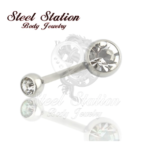 14g, Threaded, Navel Curve, Surgical Stainless Steel, Double Cubic Zirconia, Bezel set, 3/8" (10mm) Length