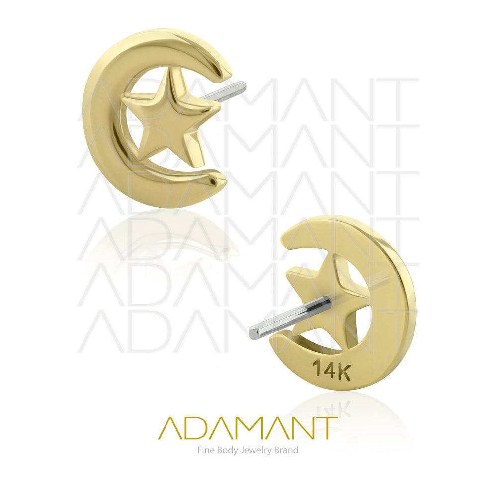 25g, Threadless, 14k Solid Gold Accessory, 4.8mm Pin Size, Moon and Star.