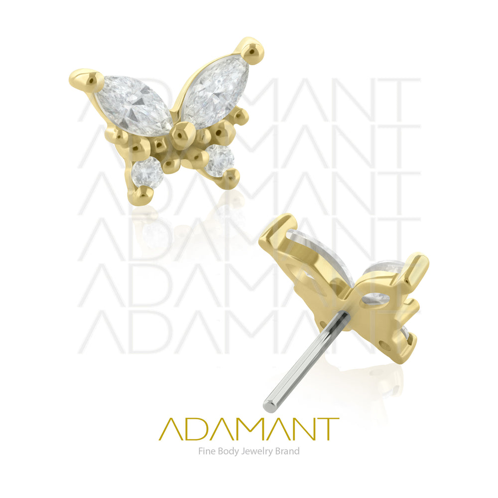 25g, Threadless, 14k Solid Gold Accessory, 4.8mm Pin Size, Butterfly, Prong set, Cubic Zirconia.