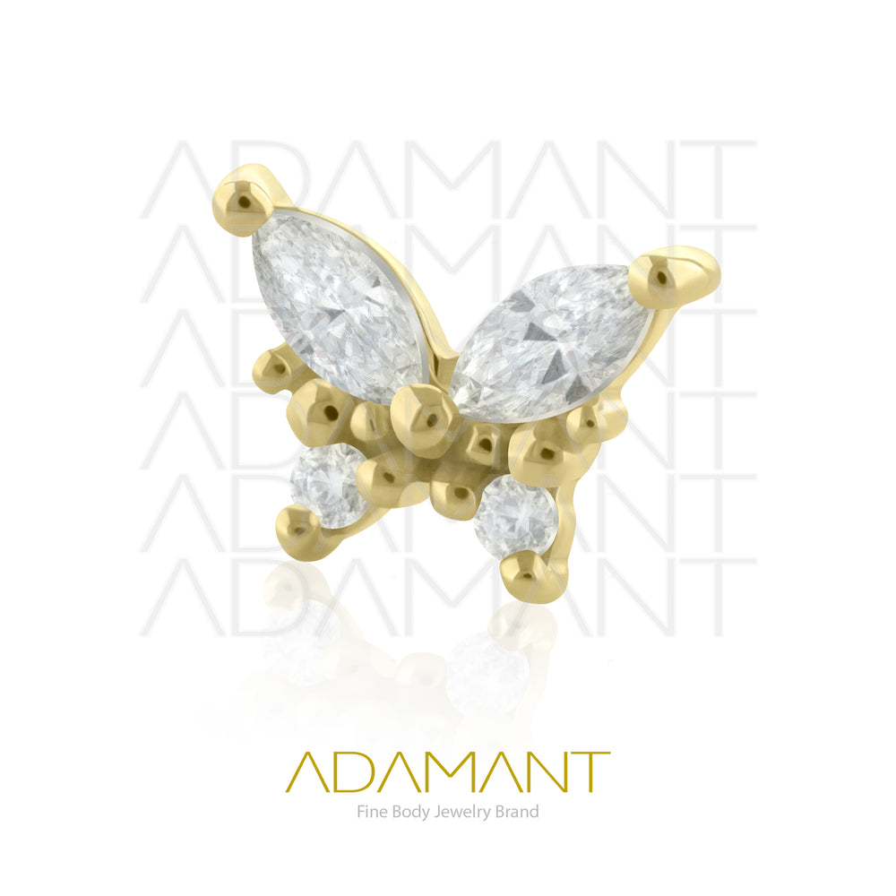 25g, Threadless, 14k Solid Gold Accessory, 4.8mm Pin Size, Butterfly, Prong set, Cubic Zirconia.