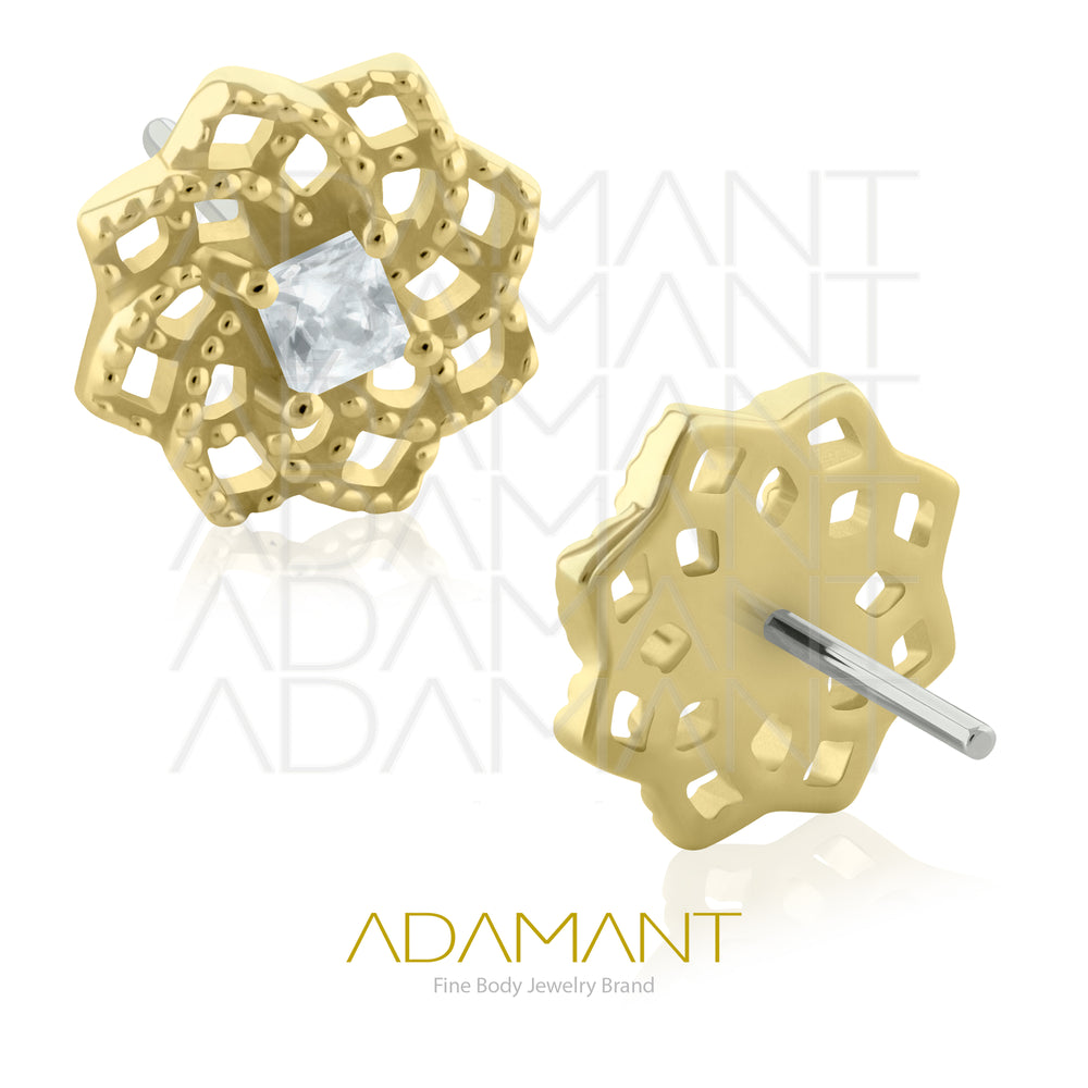 25g, Threadless, 14k Solid Gold Accessory, 4.8mm Pin Size, Mandala Flower, Prong set, Cubic Zirconia